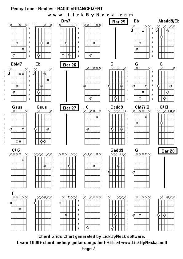 Chord Grids Chart of chord melody fingerstyle guitar song-Penny Lane - Beatles - BASIC ARRANGEMENT,generated by LickByNeck software.